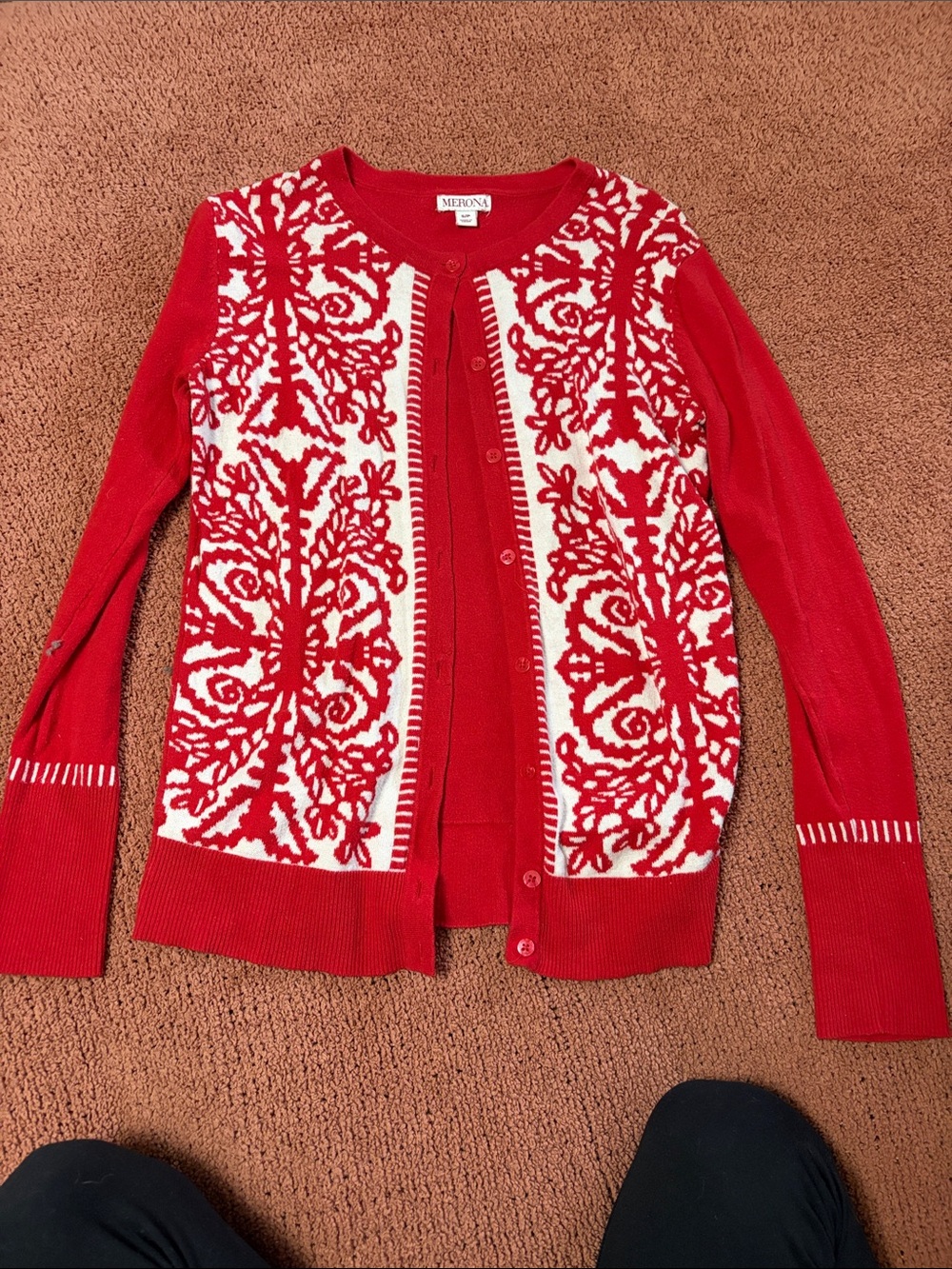 Merona Red and White Patterned Button-Front Cardigan